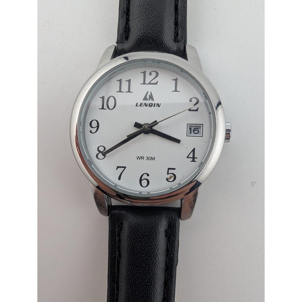 Lenqin Women's Watch 30mm Silver Case Date Black Leather Band- New Battery